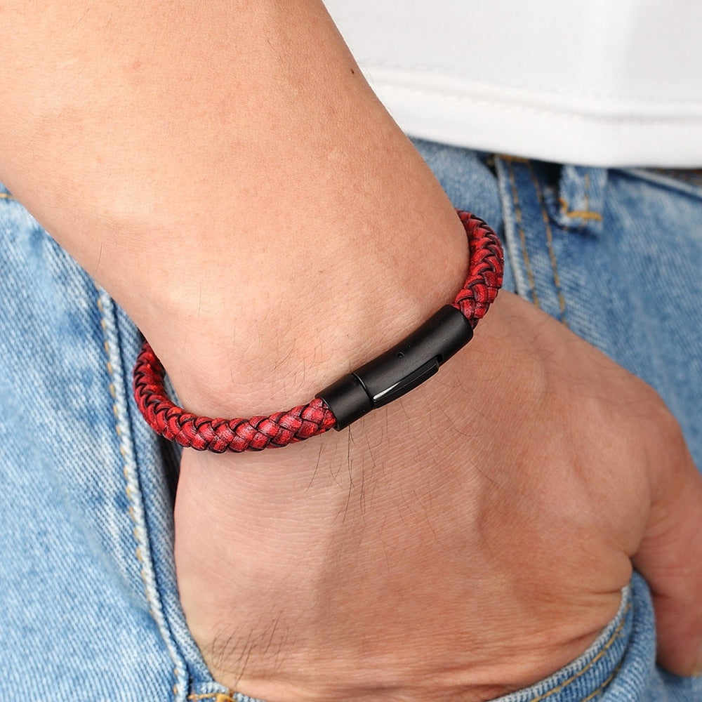 New Classic Style Black Stainless Steel Leather Bracelet