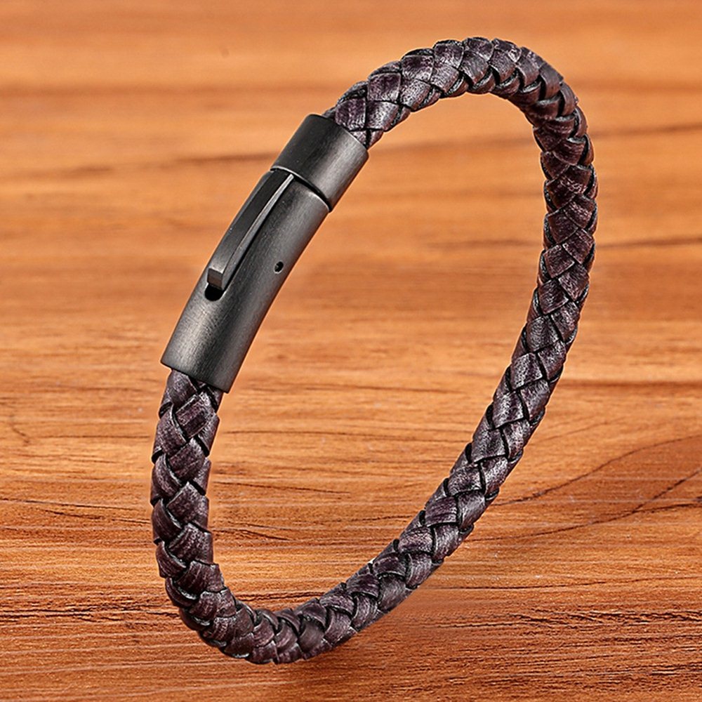 New Classic Style Black Stainless Steel Leather Bracelet