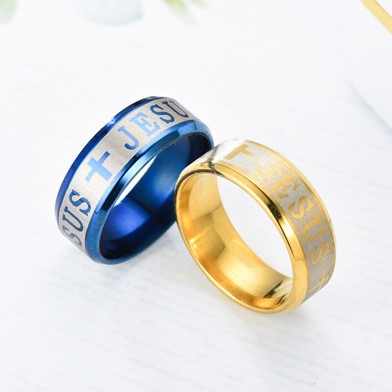 Stainless Steel Black Color Jesus Cross Letter Bible Ring
