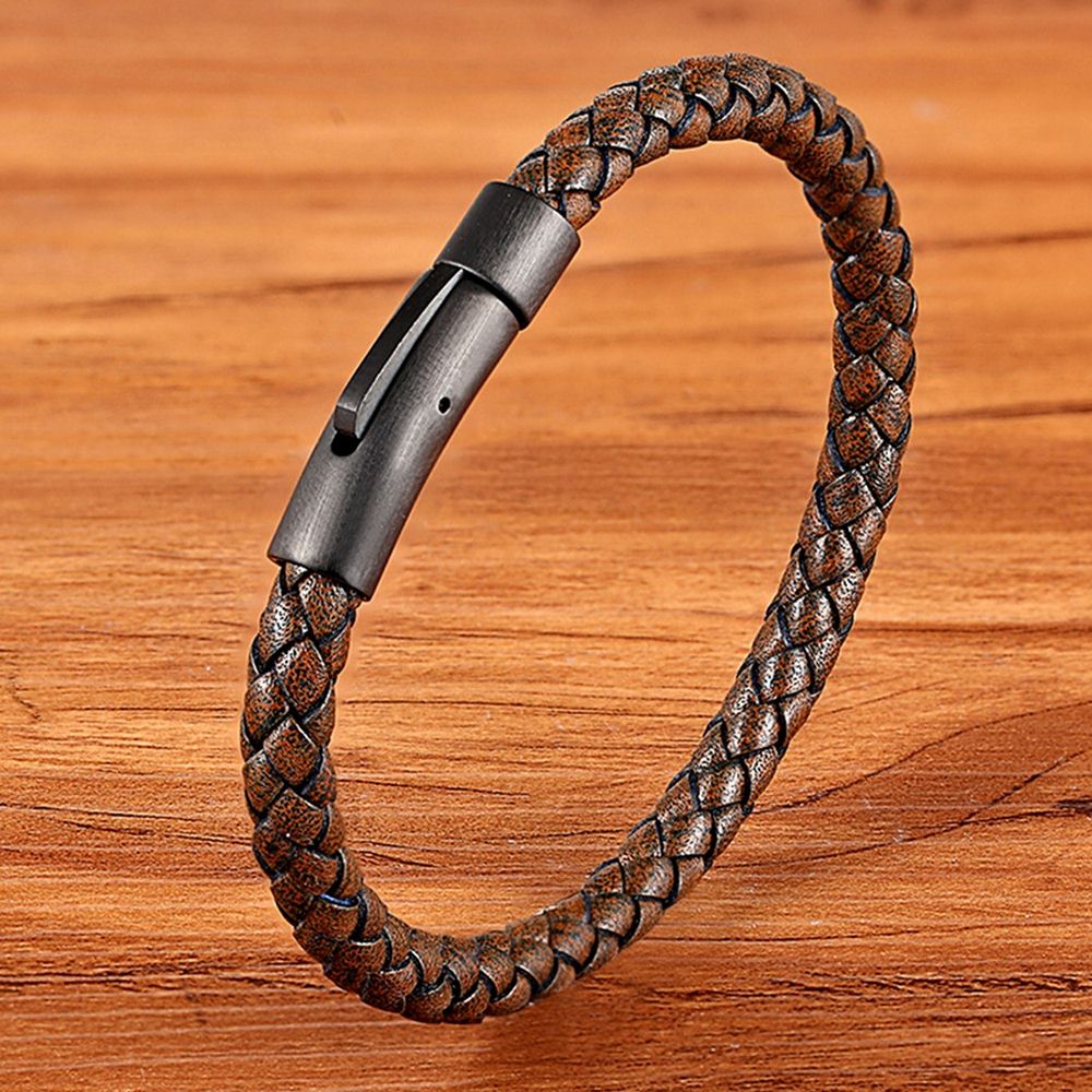 New Classic Style Black Stainless Steel Leather Bracelet