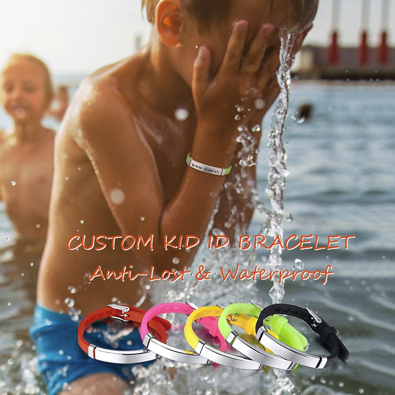 Vnox Personalize Soft Silicone Rudder Stainless Steel Kids Baby ID Bracelets