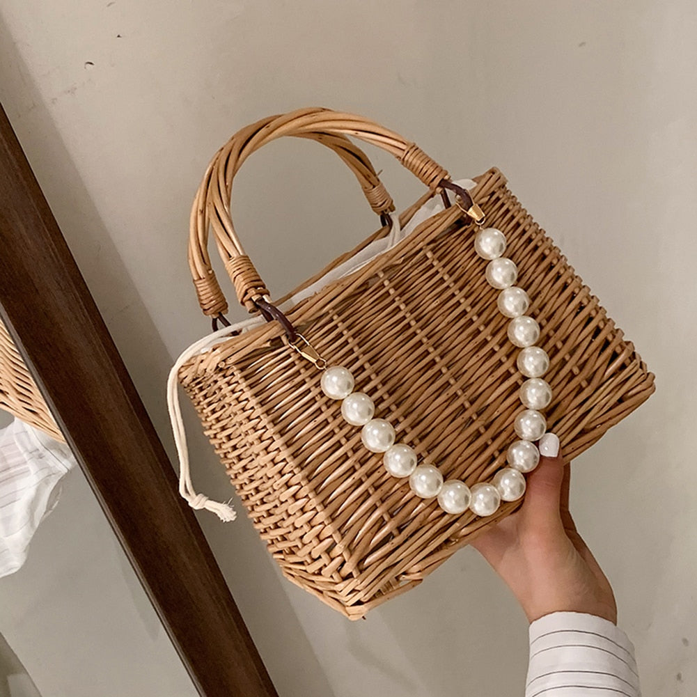Straw Rattan Handmade Pearl Beads Tote Bag