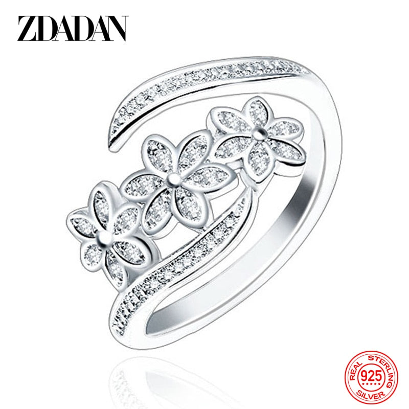925 Sterling Silver Fashion Adjustable Open CZ Flowers Ring