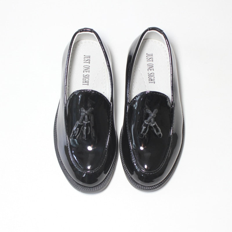 Boys Dress Shoes Black Faux Leather Slip On Tassel Boy Loafers