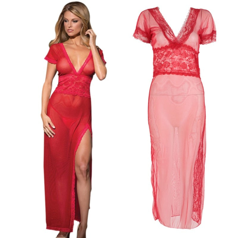 Sexy long dressing women night gown sheer transparent dress