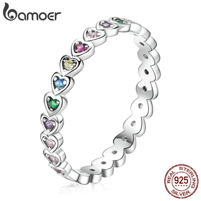 bamoer Silver Rainbow Crystal Heart Silver Enamel Colorful Stars Ring