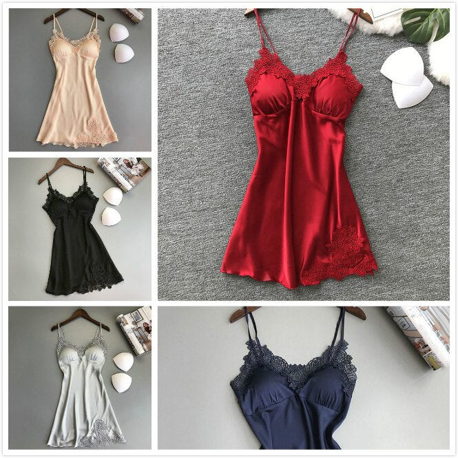 Women Nightgowns Satin Lace Sexy Lingerie Summer V-neck Sleeveless Night Dress Sleepwear Dress Chest Pad Nightgown