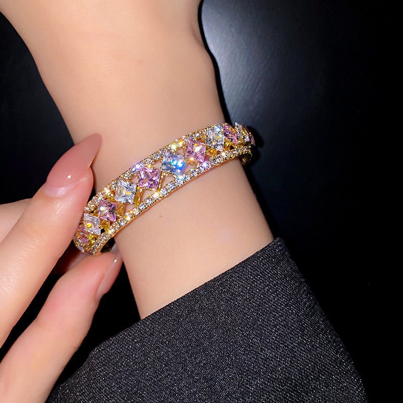 Geometric Zircon Bangles For Women Pink Green Crystal Cuff Bracelets
