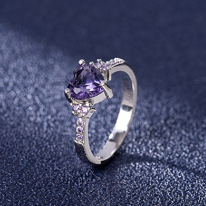 HuiSept 925 Silver Jewelry Heart Shape Amethyst Gemstone Ring