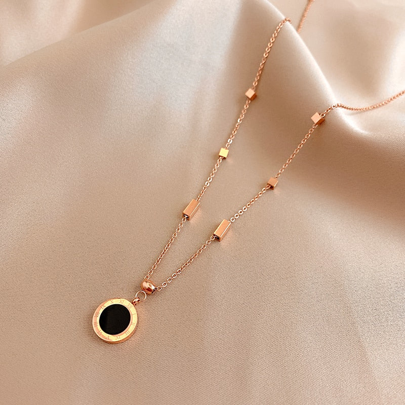 Classic Titanium Steel Roman Numeral Black And White Disc Pendant