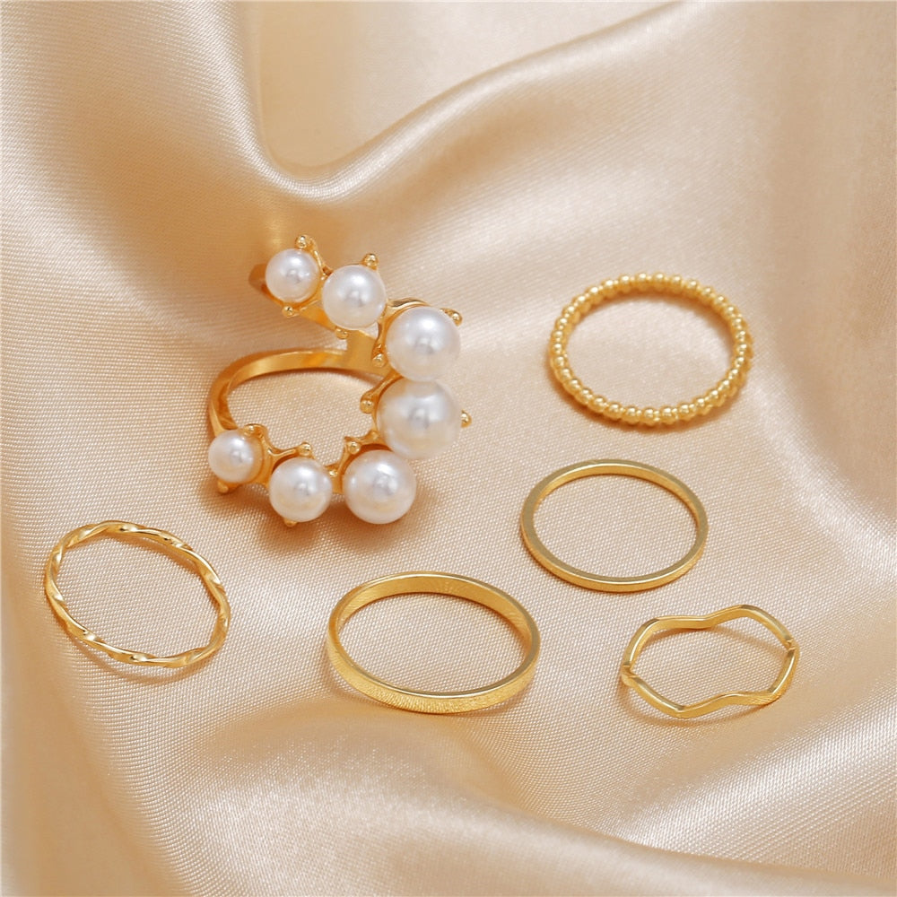 Fashion Big Geometric Pearl Paved Adjustable Ring