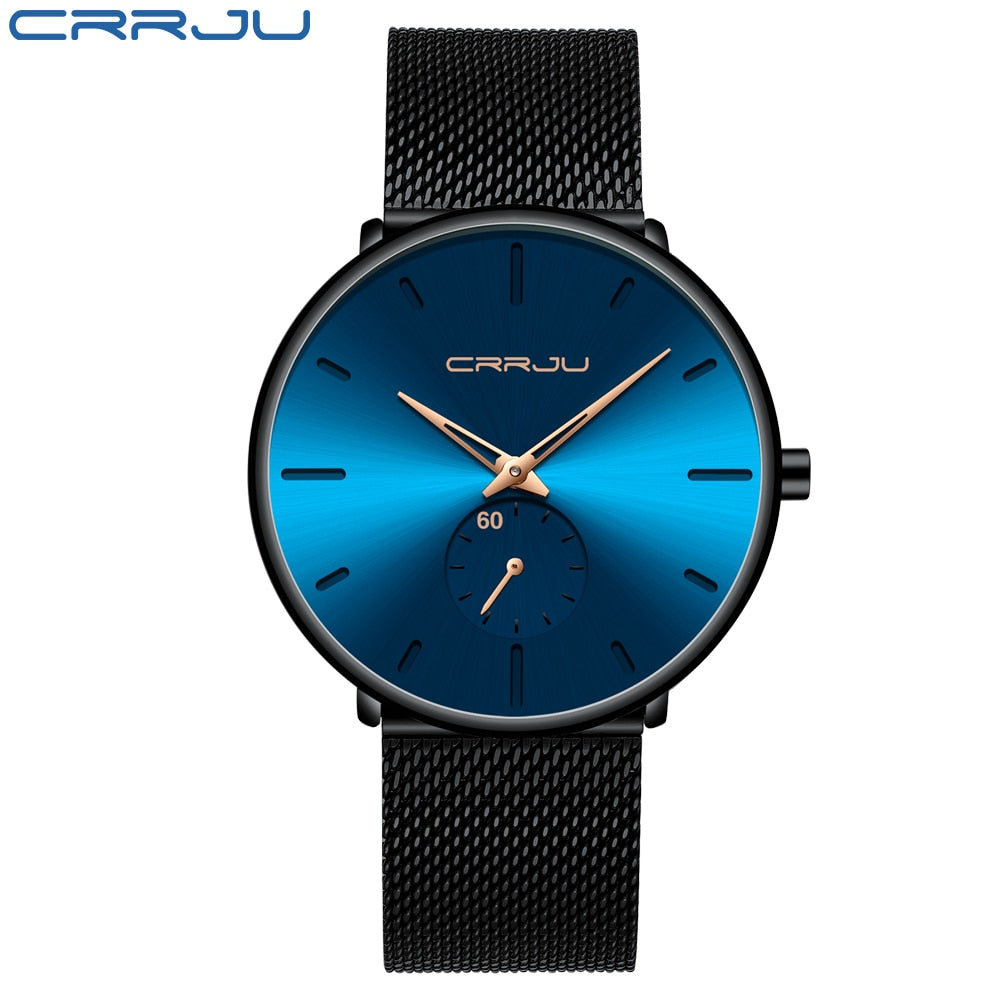 CRRJU Fashion Luxury Slim Mesh Steel Waterproof Mens Watch