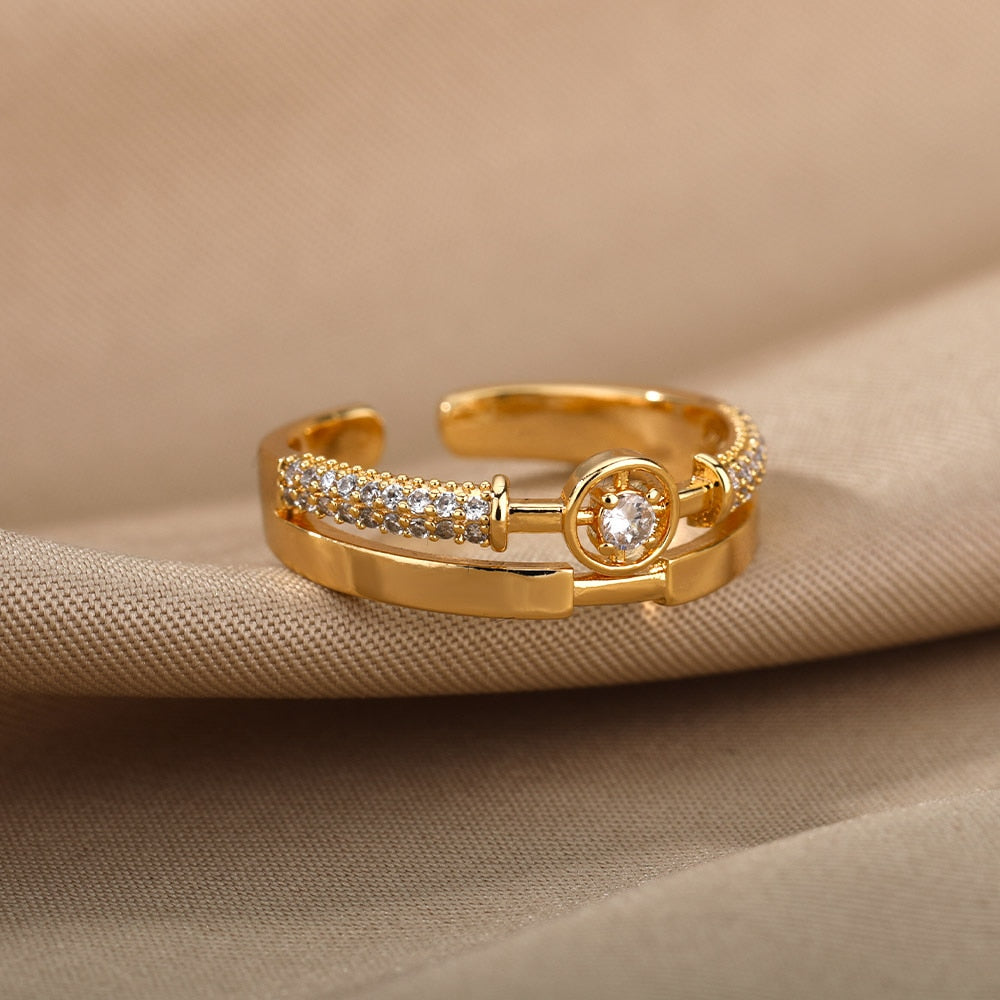 Fashion Star Stainless Steel  Zircon Round Irregular Adjustable Ring