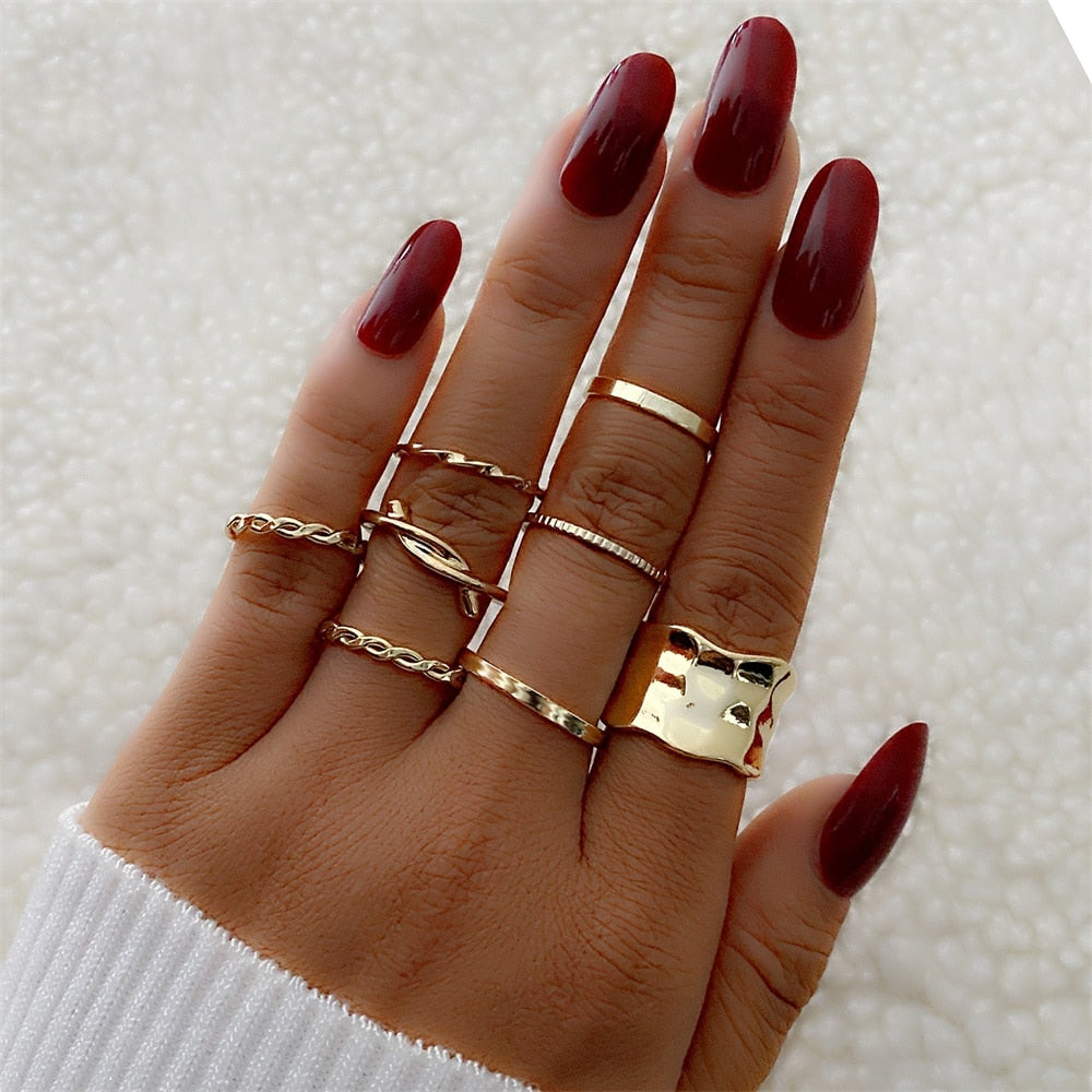 FNIO Bohemian Gold Color Chain Rings Set