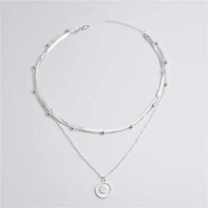 Fashion Layered Blade Snake Chain Silver Gold Coin Pendant Necklace