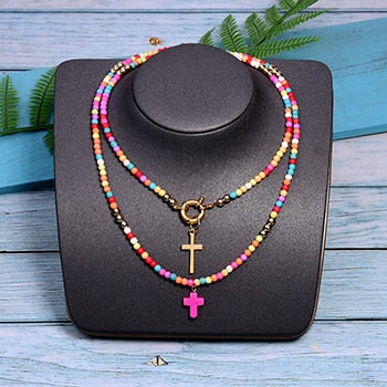 MOON GIRL 85cm Long Double Layer Cross Pendant Necklace