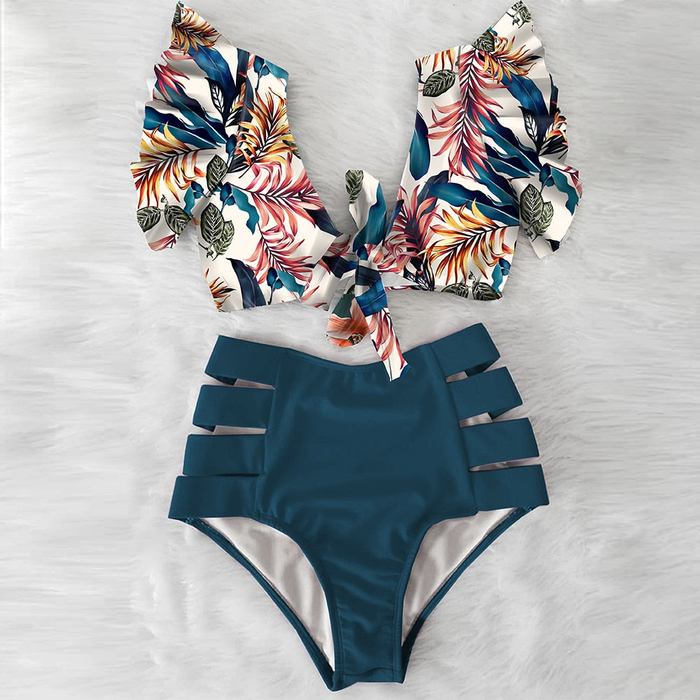 Floral Beachwear V-Neck High Waist Ruffled Sexy Bikini Set