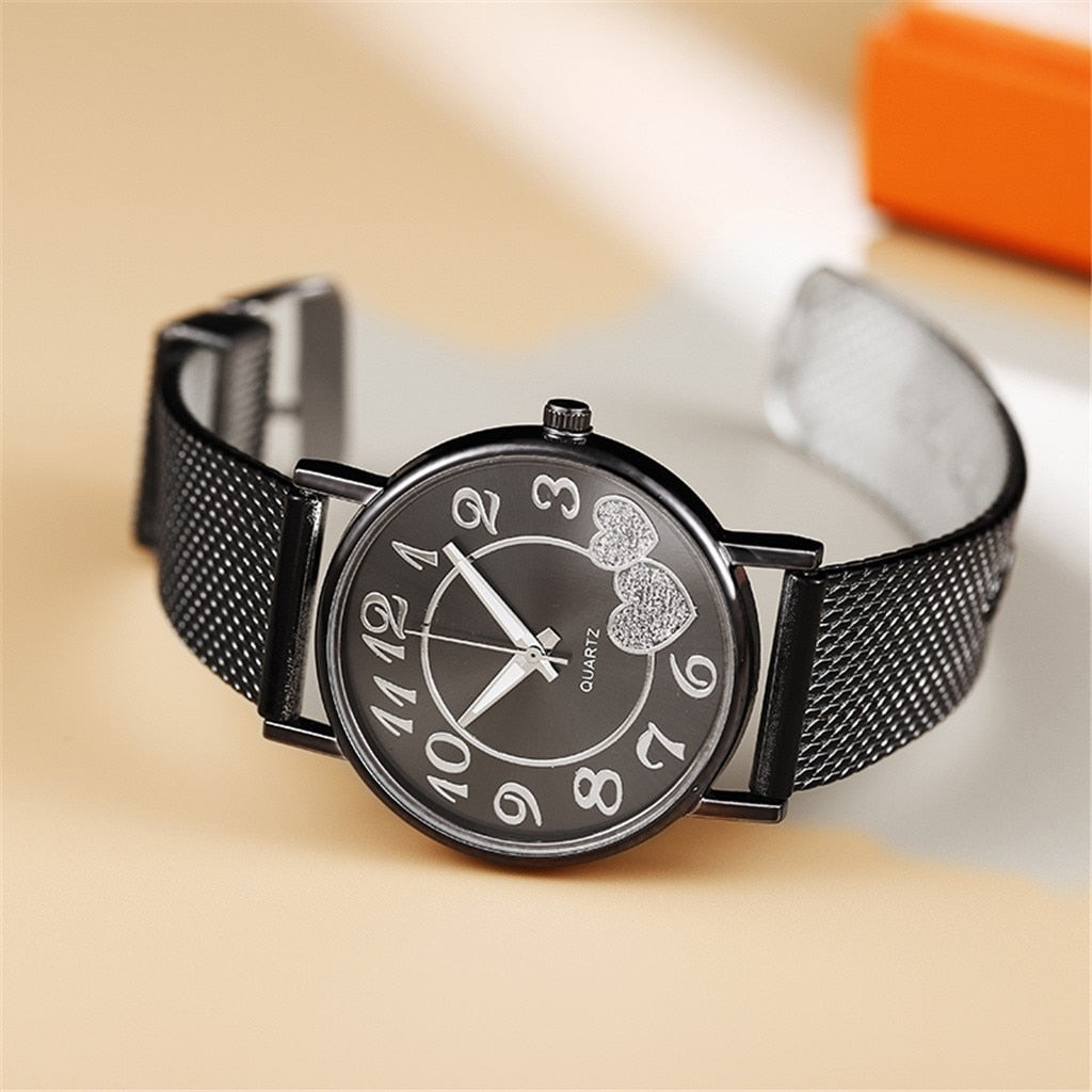 Fashion Women Silver Heart Dial Silicone Mesh Belt Wristwatch