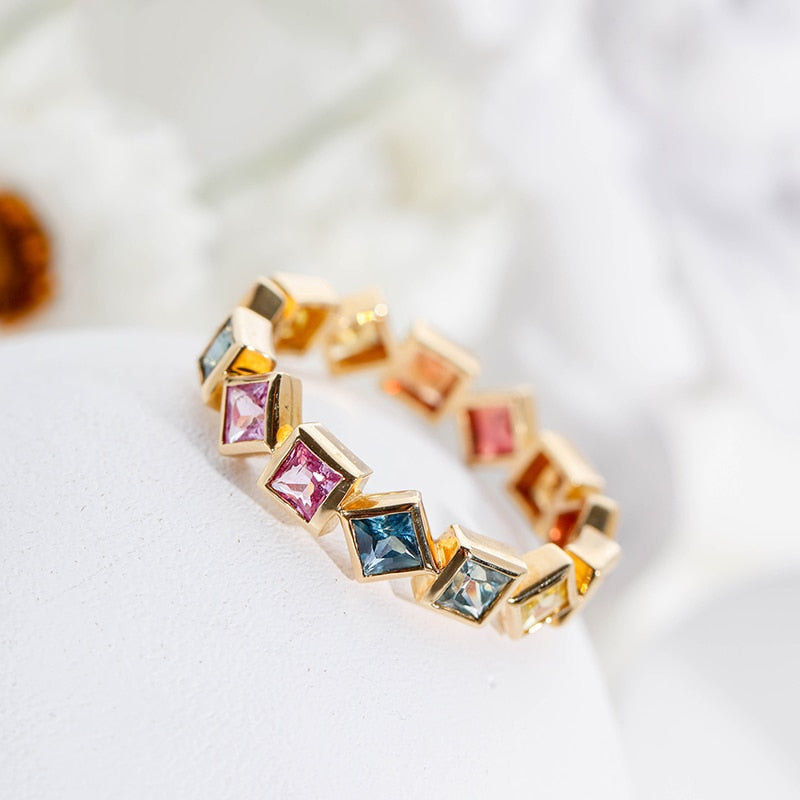 Luxury Female Rainbow Crystal Stone Promise Square Ring