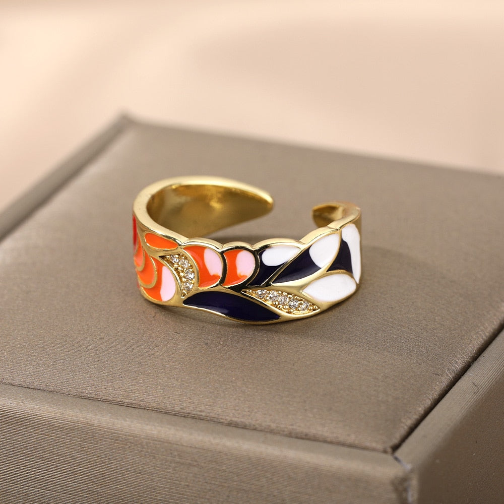 Colorful Enamel Adjustable Open Stainless Steel Ring