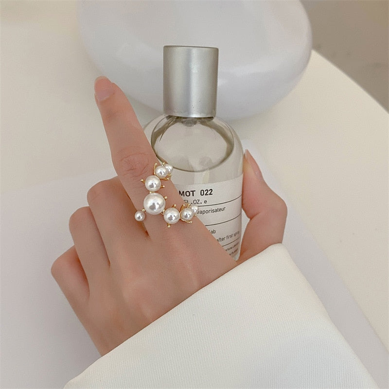 Fashion Big Geometric Pearl Paved Adjustable Ring