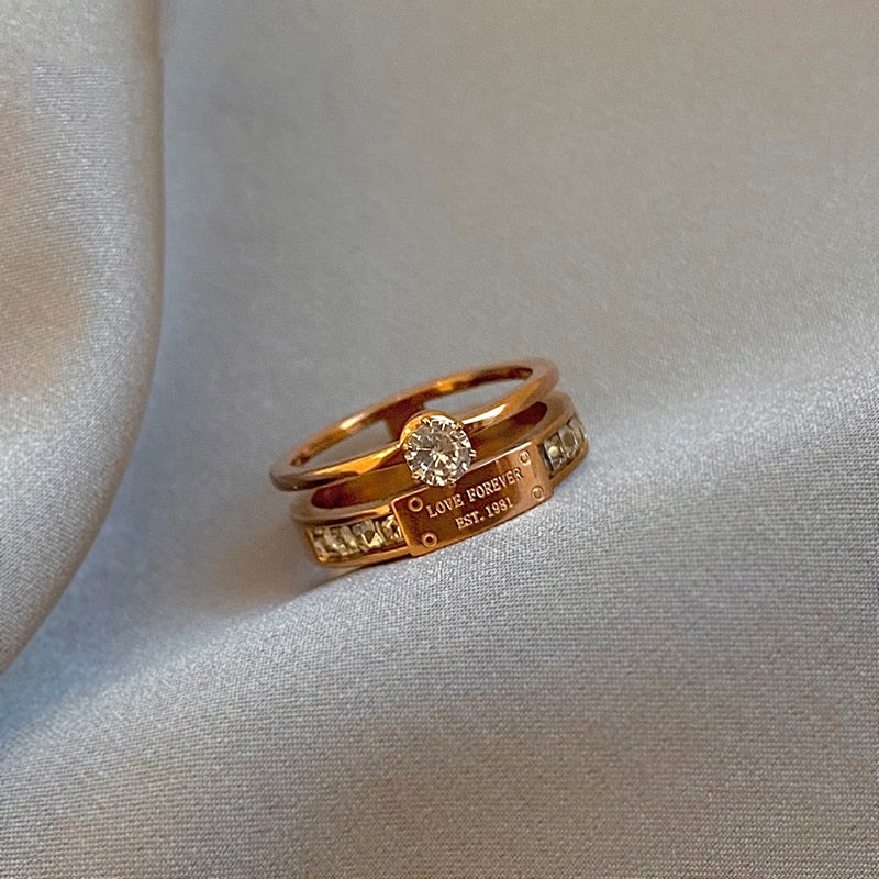 Classic Titanium Steel Rose Gold Double Letter Ring