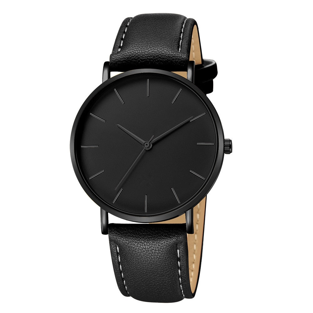 New Fashion Simple Leather Gold Silver Dial Men Quartz Watch