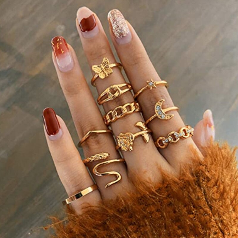 14 Pcs/Set Neo-Gothic Mixed Feather Elephant Star Moon Sun Ring