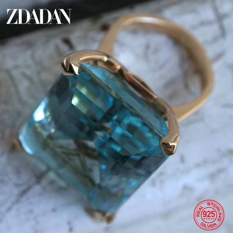 ZDADAN 925 Sterling Silver Aquamarine Gemstone Ring