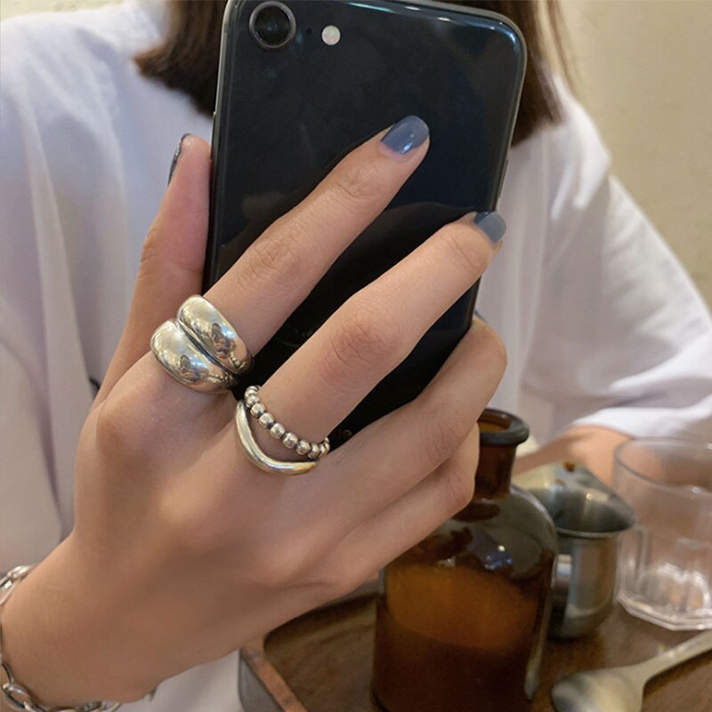 VENTFILLE 925 Sterling Silver Wave Light-shaped Solid Double-layer Ring