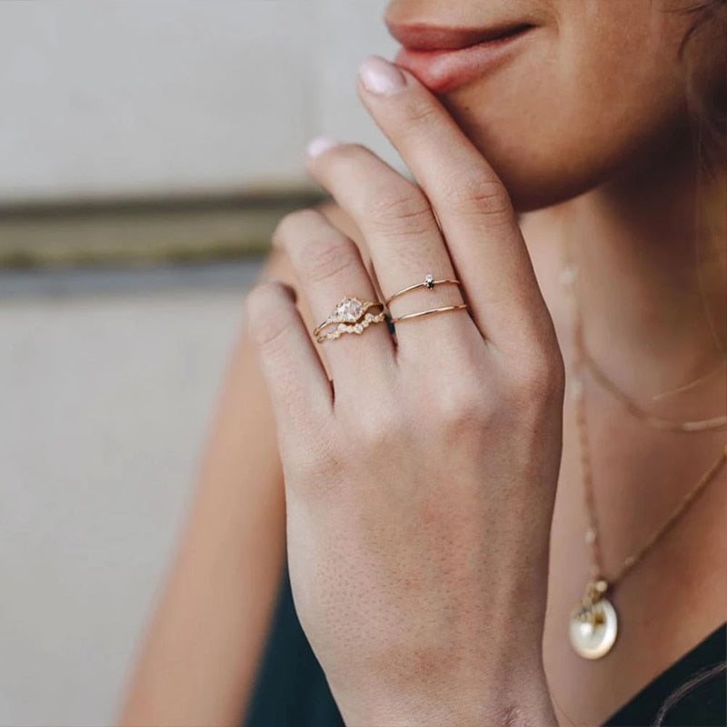 Aide 925 Sterling Silver Gold Single Round Zircon Crystal Ring