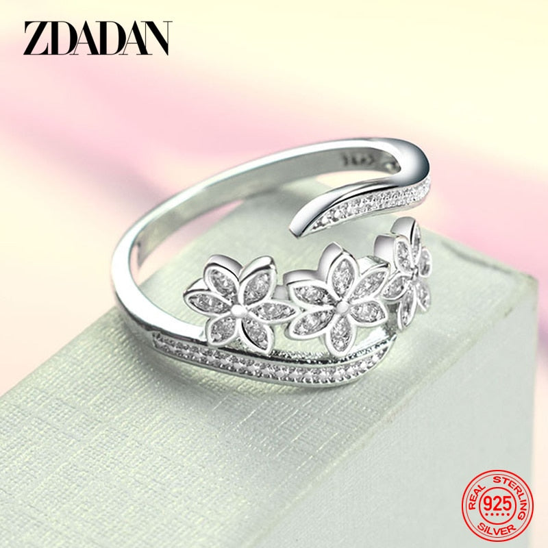 ZDADAN 925 Sterling Silver Fashion Adjustable Open CZ Flowers Ring For Women Temperament Jewelry Accessories Gift