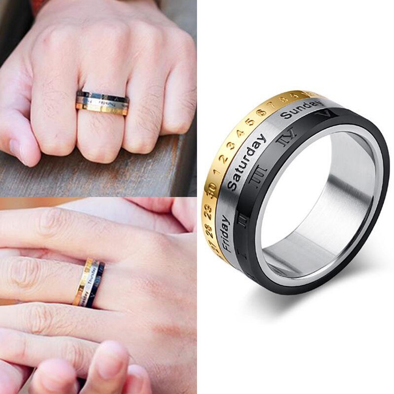 Titanium Steel Cool Punk Spinner Creative Rotatable 3 Part Roman Numerals Ring