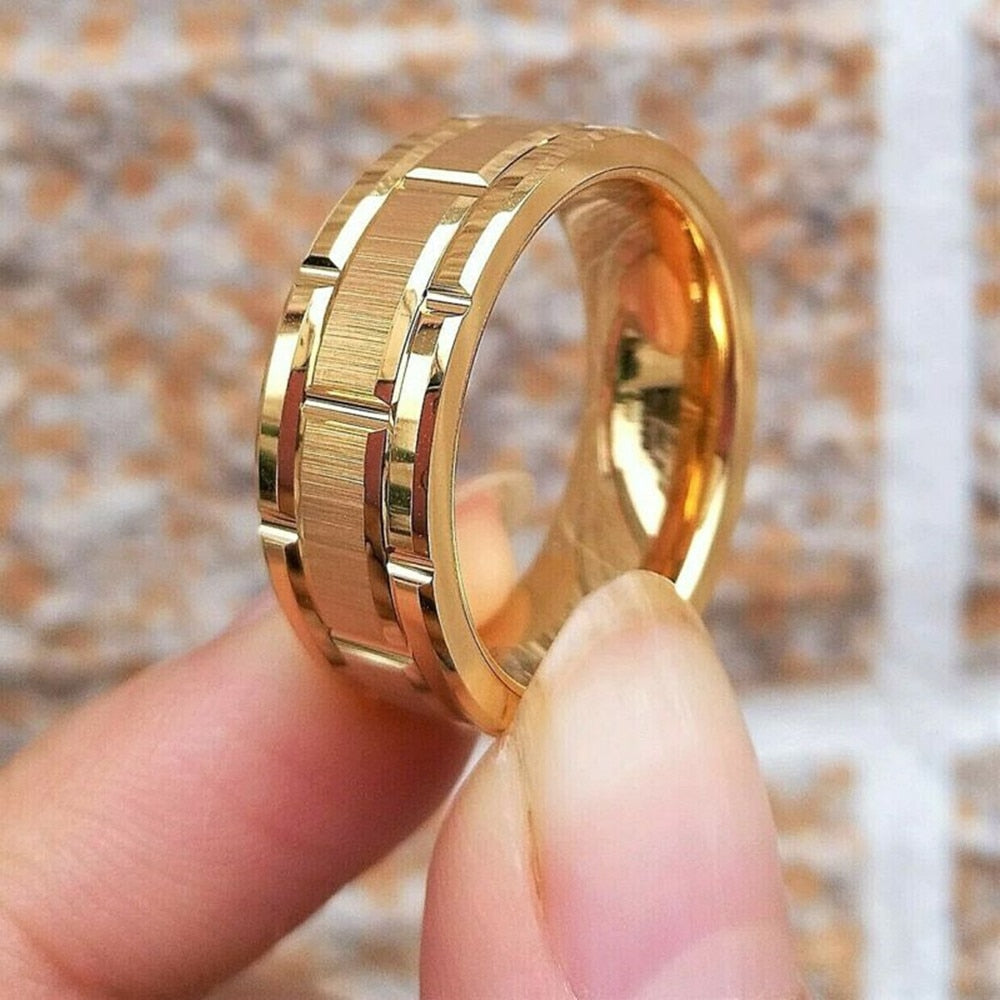 Simple Tungsten Carbide Gold Color Grooved Men Ring