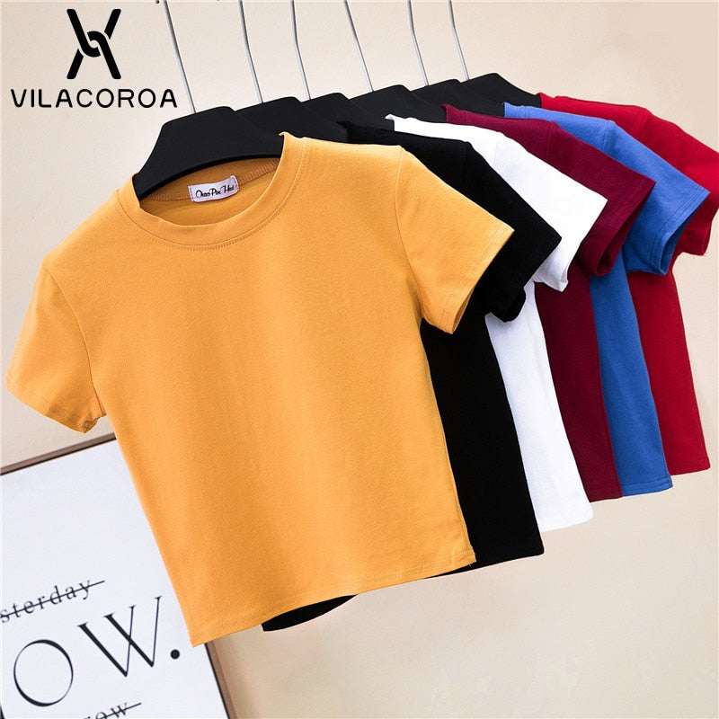 Crop Top Female Solid Cotton O-Neck Short Sleeve T-Shirt