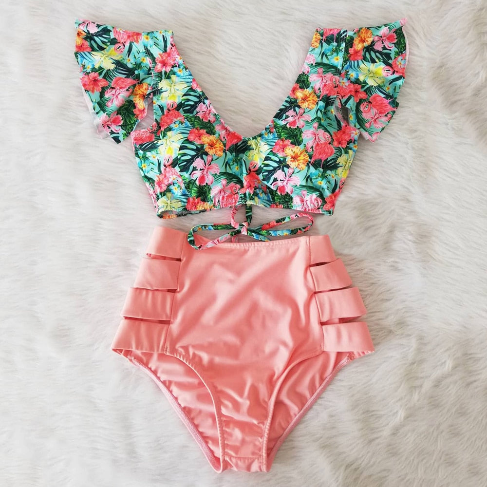 Floral Beachwear V-Neck High Waist Ruffled Sexy Bikini Set