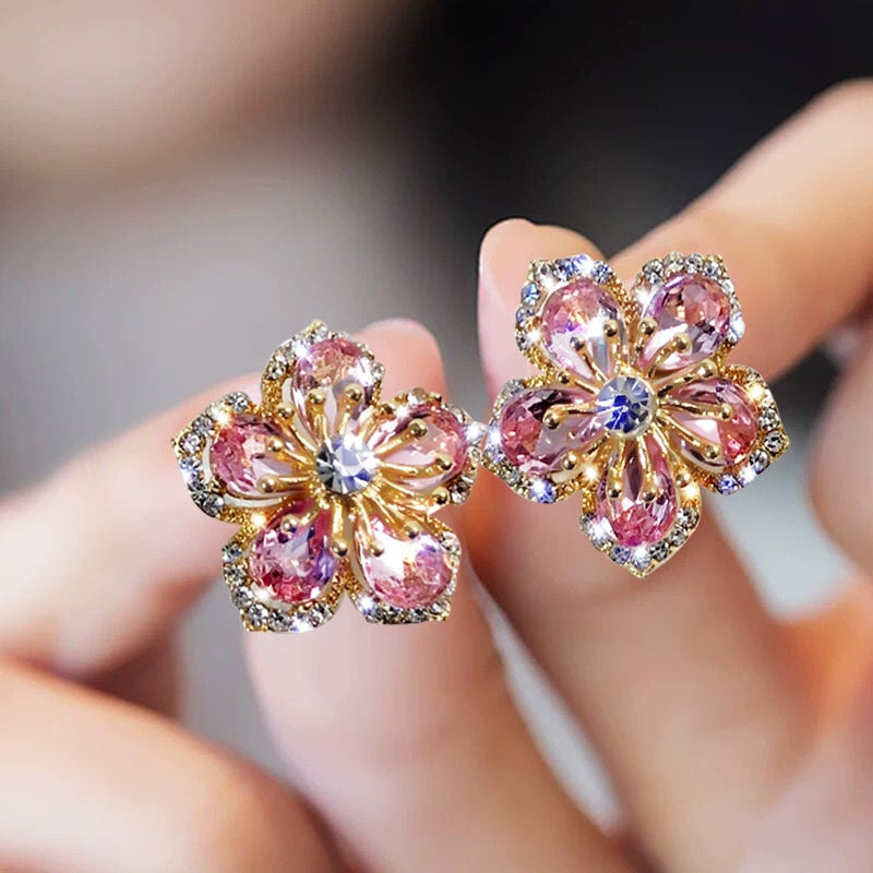Korea Flower Crystal Temperament Geometric Shiny Zircon Earrings