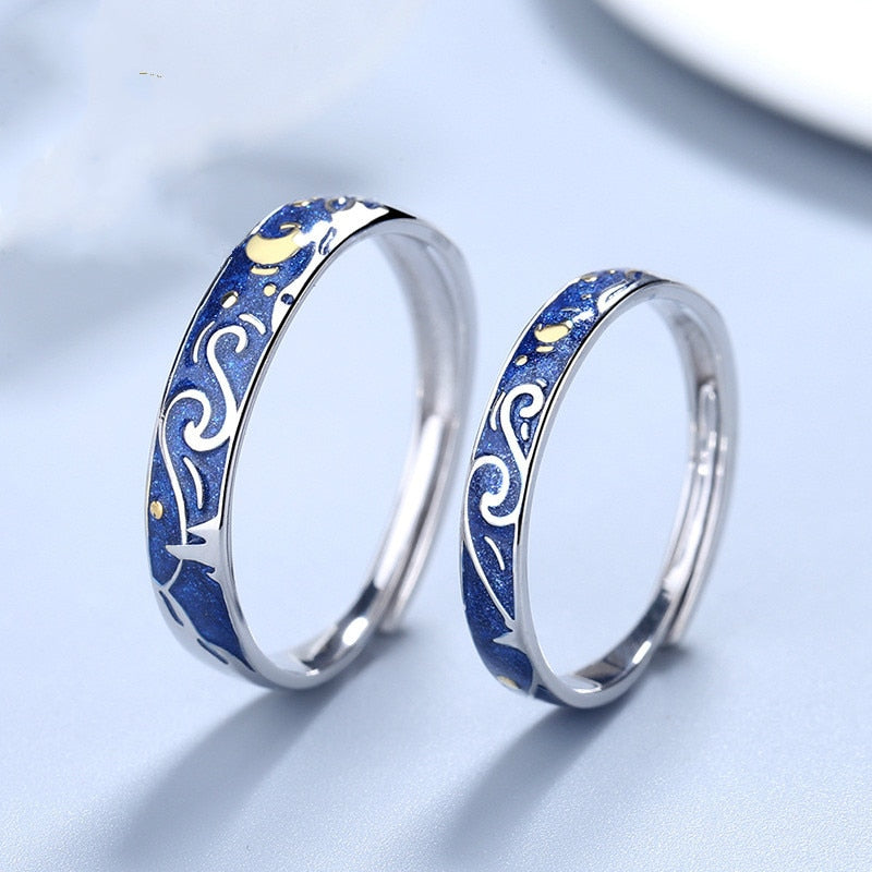 925 Sterling Silver Van Gogh Starry Sky Open Couple Ring
