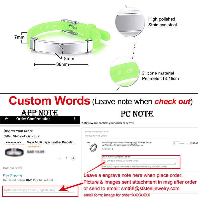 Vnox Personalize Soft Silicone Rudder Stainless Steel Kids Baby ID Bracelets