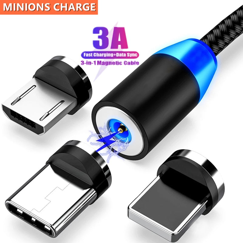 3A LED Magnetic USB Cable Fast Charging Type C Cable Magnet Charger Data Charge Micro USB Cable Mobile Phone Cable USB Cord