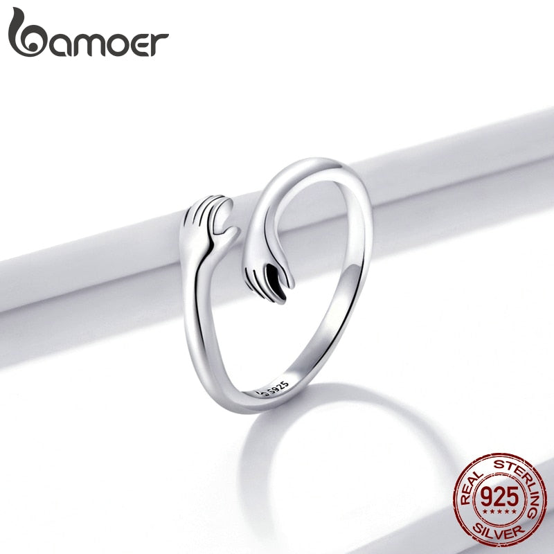 bamoer 925 Sterling Silver Hug Warmth and Love Hand Adjustable Ring
