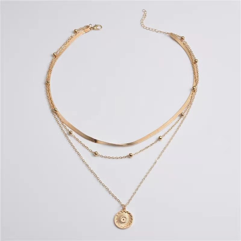 Fashion Layered Blade Snake Chain Silver Gold Coin Pendant Necklace