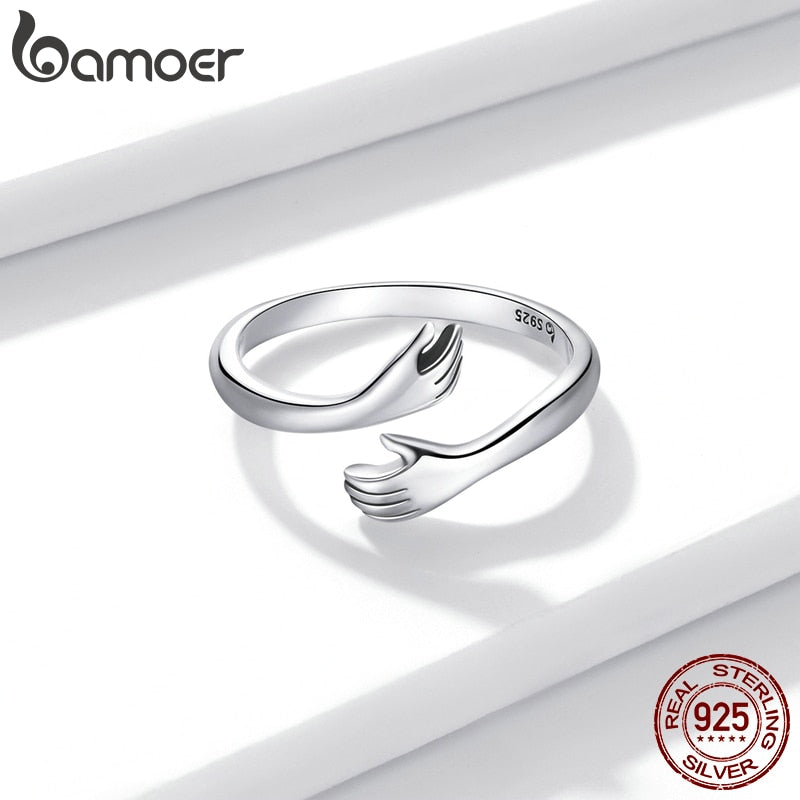 bamoer 925 Sterling Silver Hug Warmth and Love Hand Adjustable Ring