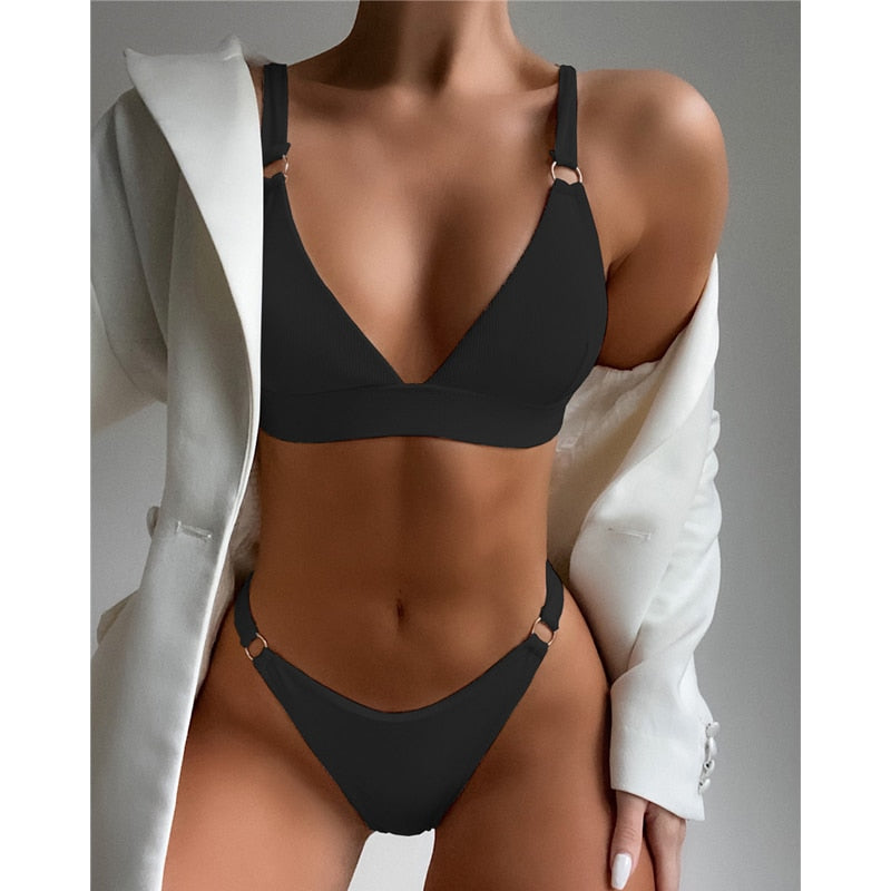 Sexy Ribbed Ring Push Up Bikinis Swimsuit Women