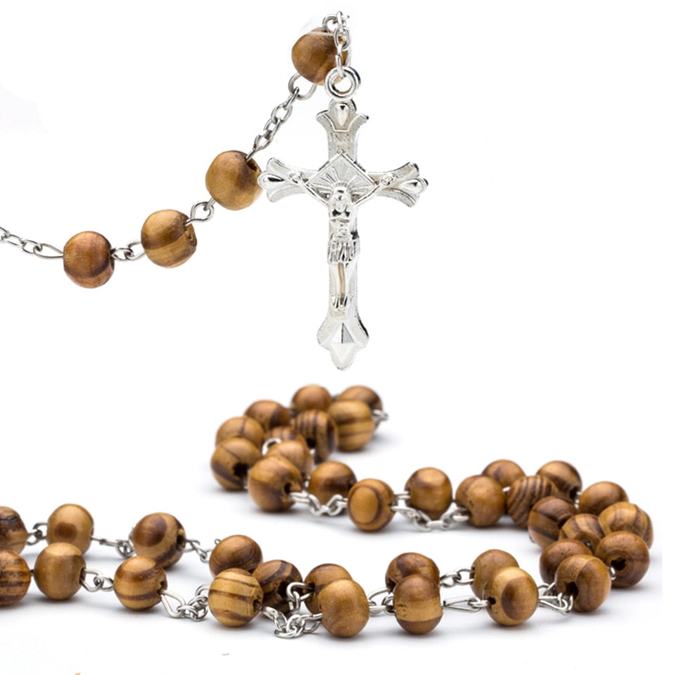 Rosary Wood Beads DIY Necklaces For Men Women Virgin Mary Jesus Christ Cross pendant