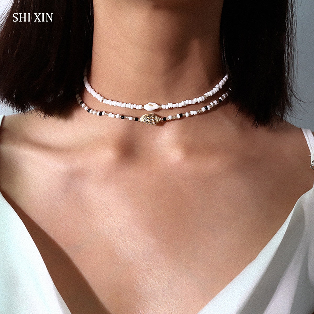 SHIXIN Separable 2 Layered White/Black Beads Necklaces