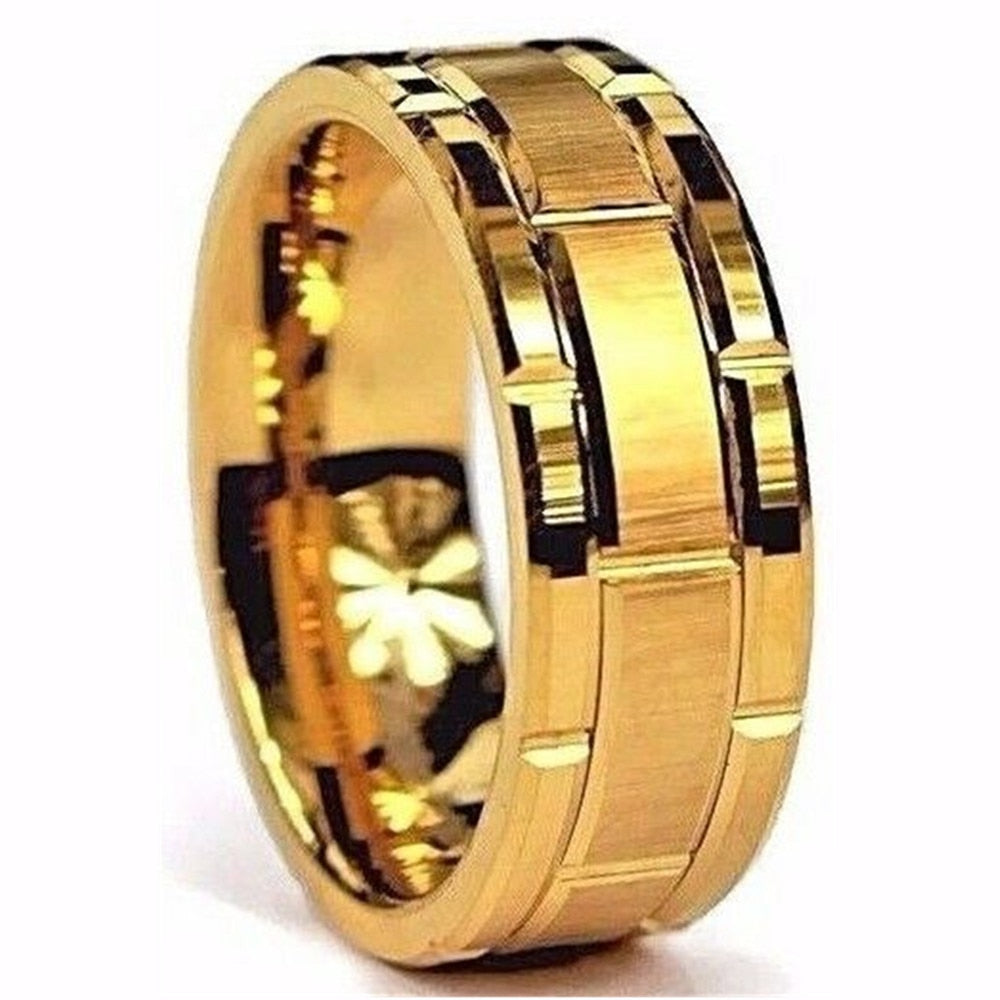Simple Tungsten Carbide Gold Color Grooved Men Ring