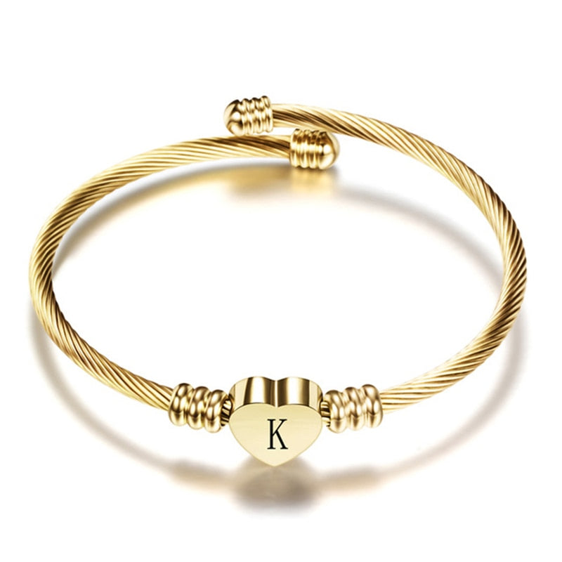 Gold Color Initial Alphabet Stainless Steel Heart Bracelet