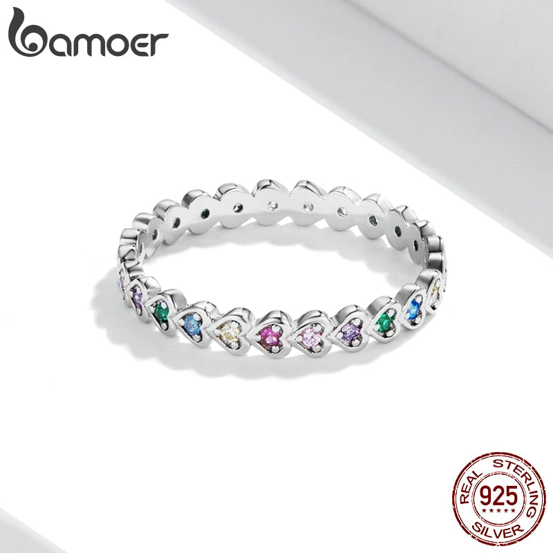 bamoer Silver Rainbow Crystal Heart Silver Enamel Colorful Stars Ring