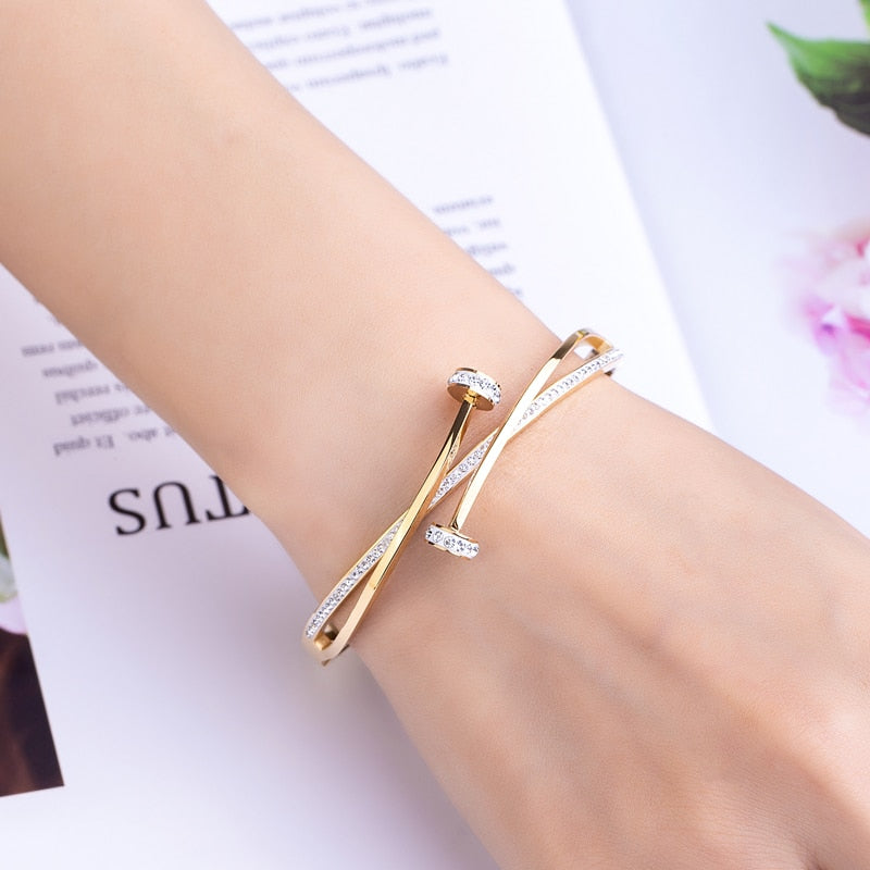 New Unique Double Crystal Nail Head Cross Stainless Steel Bracelet